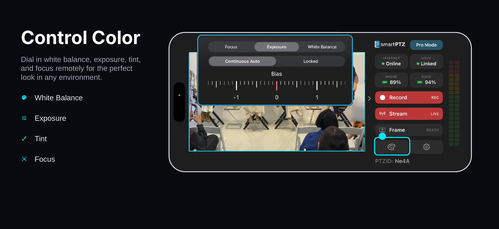 The smartPTZ color controls — white balance, exposure, tint and focus — open over the camera view
