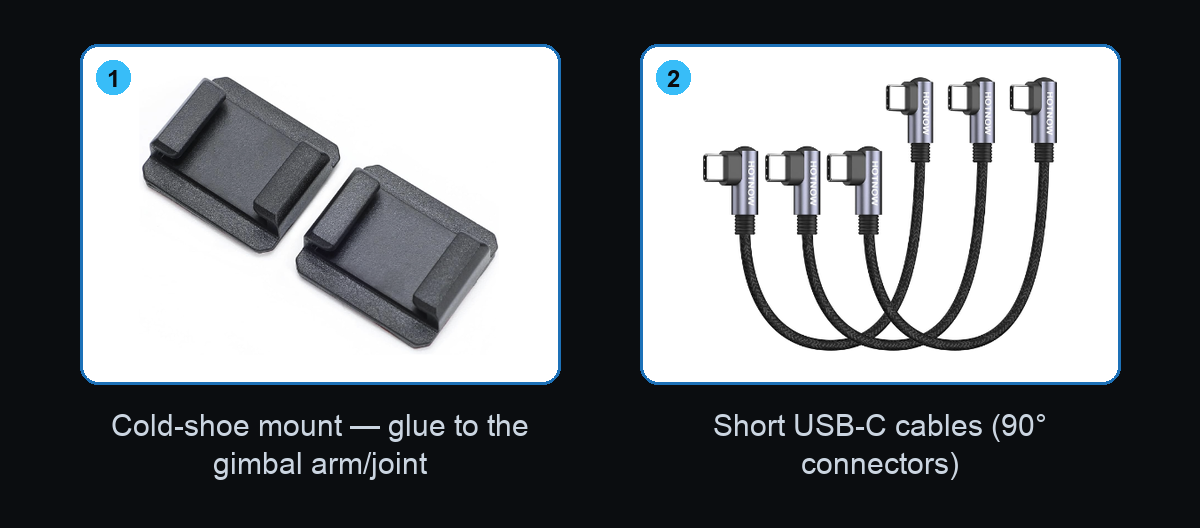 A cold-shoe mount glued to the gimbal arm and a short 90-degree USB-C cable connecting the RØDE receiver to the iPhone